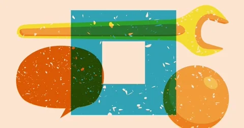 Risograph Wrench and speech bubble with geometric elements Stock Footage 303086915