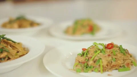 Risotto, pasta and stewed pork with vegetables Stock Footage