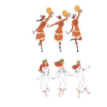 Ritual dance Set. People dancing traditional dance wearing traditional costumes Stock Illustration