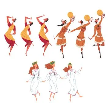 Ritual Dance Set, People of Different Nationalities Dancing Folk Dance Wearing Stock Illustration