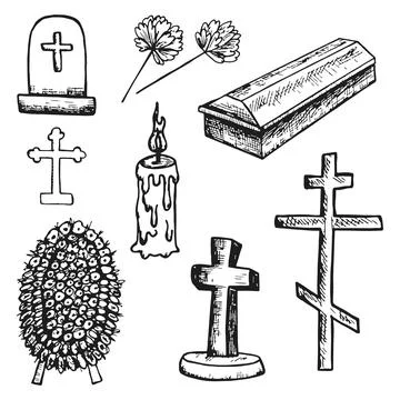 Ritual funeral items set objects set vector sketches Stock Illustration