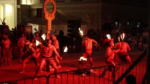 Ritual performers with torches at Merida Fest 2026 Mexico Stock Footage 331172616