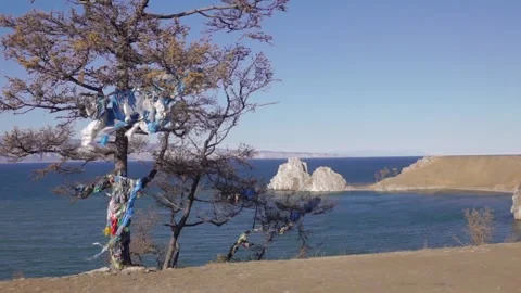 Ritual tree on the background of Cape Burhan on the Olkhon island, lake Baikal Stock Footage 97896330