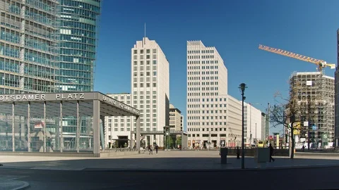 Ritz Hotel behind empty Potsdamer Platz in Berlin during Coronavirus Lockdown Stock Footage 130138509