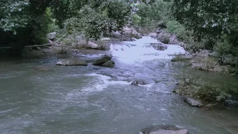 River Amazing nature view on the waterfall surrounded by green plant and stones Stock Footage 167357041