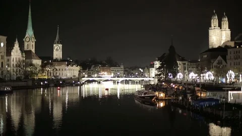 River and bridge between towers in Zurich Switzerland. Stock Footage 83864961