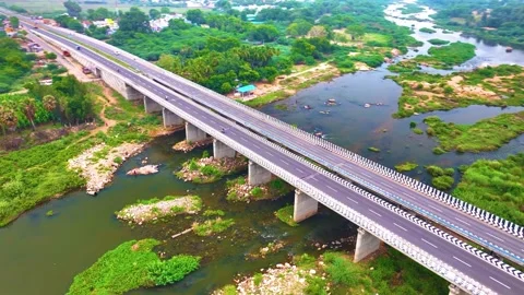 River and Bridge - Orbiting Shot By a Drone Stock Footage 254274043