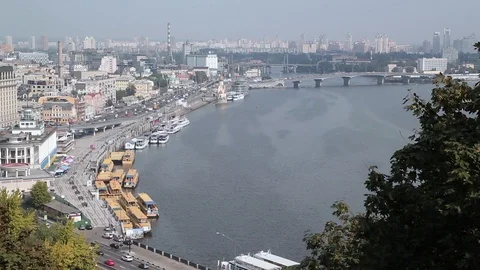 River and city view. Bridge and berth Video stock 123842560