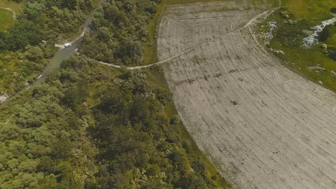River and fields in countryside area from drone view. 4K. Stock Footage 113205157
