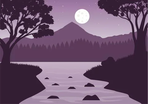 River and forest at night vector Illustrazione stock