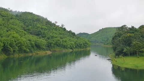 River and green forest  mountain at  Kanchanaburi, Thailand Stock Footage 84435788