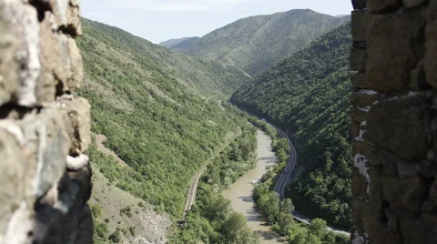 River and hill through the window. hill. Shadow of window move. Vídeo Stock 41071427