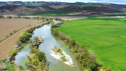 River and land aerial view.  Navarre, Spain, Europe. 4K. Stock Footage
