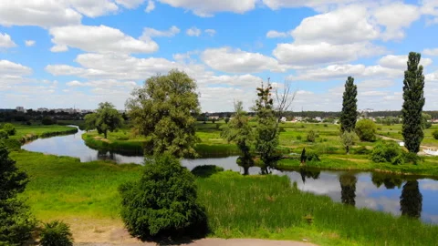 River and meadows from above Stock Footage 91562918