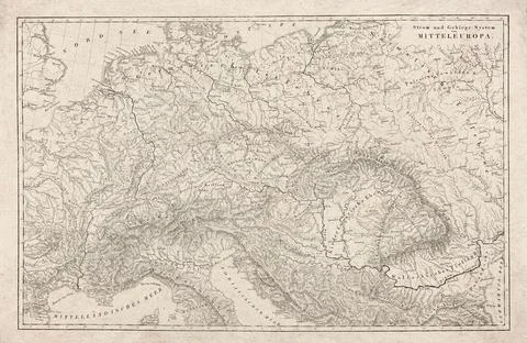 River and Mountain System of Central Europe, Vintage Historical Engraving (.. Stock Photos