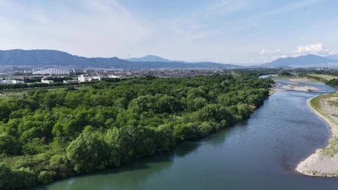 River and Mountains Aerial View in Nagano Japan During Spring Stock Footage 336616982