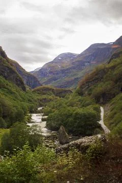 River and mountains landscape. Aurland, Norway Stock Photos