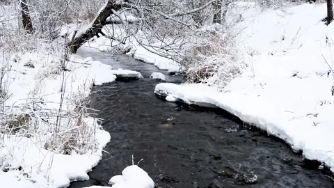 River and snowfall. Winter landscape. Snowflakes fall in flakes. Video stock 150333073