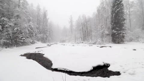 River and snowfall. Winter landscape. Snowflakes fall in flakes. Video stock 150616882