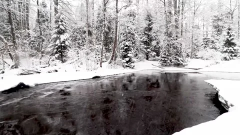 River and snowfall. Winter landscape. Snowflakes fall in flakes. Video stock 151719063