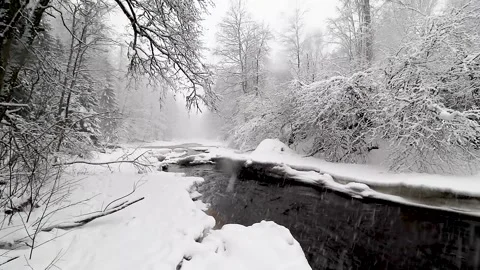 River and snowfall. Winter landscape. Snowflakes fall in flakes. Video stock 151719112