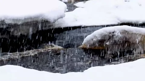 River and snowfall. Winter landscape. Snowflakes fall in flakes. Stock Footage 165238069