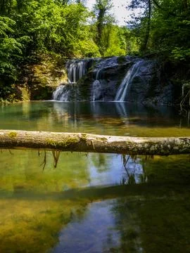 The river and waterfall in spring 库存照片