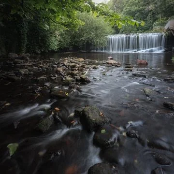 A river and weir surrounded by trees in the centre of Edinburgh Stock Photos