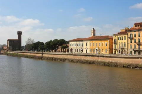 River arno panoramic view with the old citadel at the background Stock Photos