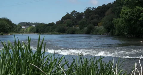 River Ave  in Vila do Conde, Portugal on a bright sunny day with blue sky. Stock Footage 153153077