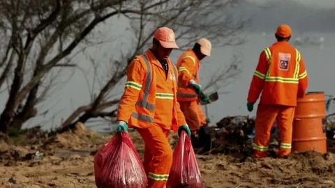 River Bank Pollution Cleaning: worker carries trash bags, others work with hoes Video stock 78933684