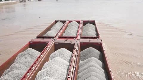RIVER BARGE FILLED WITH GRAVEL ON OHIO RIVER, CINCINNATI, OVERHEAD CLOSEUP Stock Footage 59184053