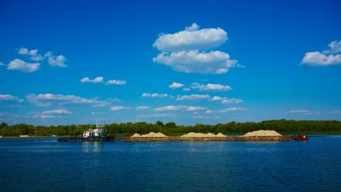 River barge loaded with sand 스톡 사진