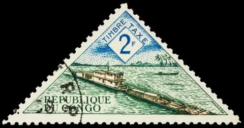 River barge on postage stamp 스톡 사진