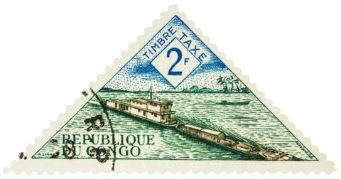 River barge on postage stamp Stock Photos