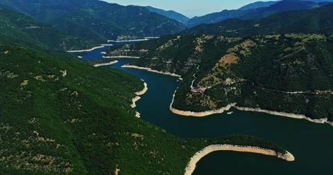 River Basin Curved Through Mountain Range Meandre Summer Vacation Spot Aerial Stock Footage 289417391