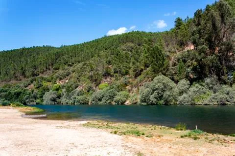 River beach in a valley surrounded by trees Stock Photos