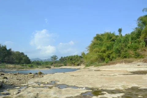 River With Beautiful View Of Many Trees On The Edge And A Cloudy Sky Stock Photos