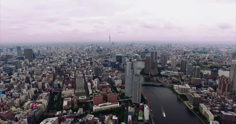 River bend and riverside towers under a pale Tokyo sky Vidéo 59524314