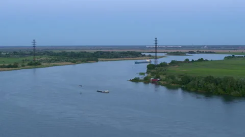 River bend, blue barge, spring day, landscape from above Stock Footage 132503138