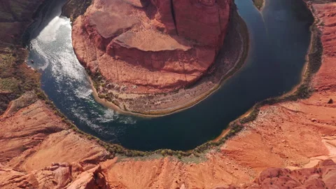 River Bend Close Up with Red Cliffs Aerial View Stock Footage 317331987