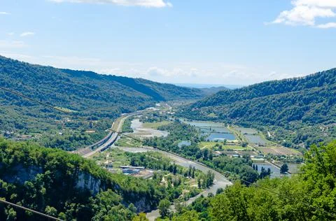 River between mountain view from bridge Skypark AJ Hacket Sochi Stock Photos