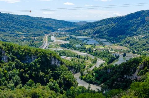 River between mountain view from bridge Skypark AJ Hacket Sochi Stock Photos