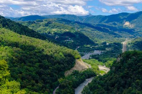 River between mountain view from bridge Skypark AJ Hacket Sochi Stock Photos
