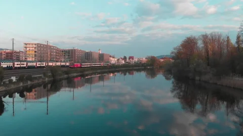 River between Train an Nature-Trail Drone Shot 2 Stock Footage 147455939