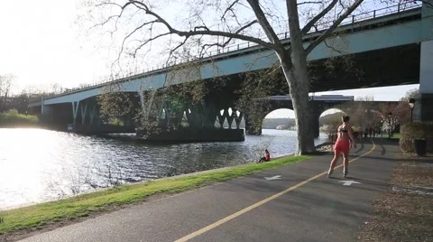 River Bike and Jogging Trail Philadelphia Stock Footage
