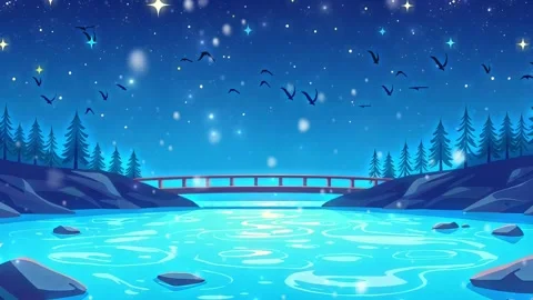 River Bird Night Animation: Tranquil Nature scene with Mountain and Night Sky Stock Footage 317966906