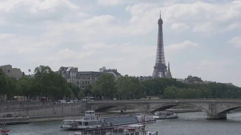 The river. Boat. Boats. View of the Eiffel Tower. Paris, France. Stock Footage 95745960