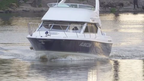 River boat motor , making its way along the Pregolya River in Kaliningrad c.. Stock Footage 75266933