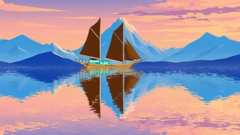 River Boat Mountain cartoon Designed: River boat mountain in the side with refl Stock Footage 306505347
